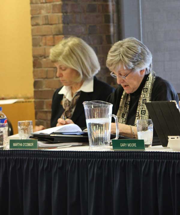 Chair of the Finance and Facilities Committee Martha O’Conner delivers the resolution to review and approve the 2014-2015 academic year tuition and fees at the VSC board of trustees meeting on Feb. 20.