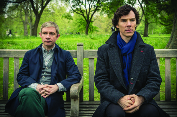 Sherlock (Benedict Cumberbatch) and Watson (Martin Freeman) demonstrate proper posture to their potentially well-rounded audience