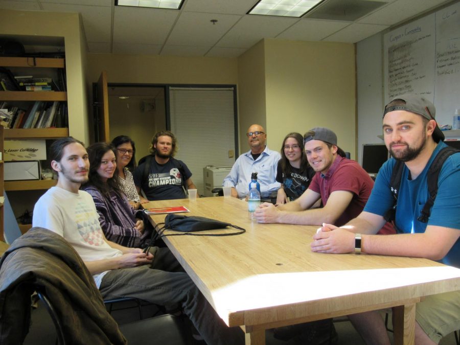 Professors Rafael Betancourt and Consuelo Martin Fernandez with the Basement Medicine staff. Left to right: Richard Ahlgrim, Nellie Tamboe, Professor Consuelo Fernandez, Patrick Bell, Professor Rafael Betancourt, Cayla Fronhofer, Jacob Greenia, and Tom O’Leary