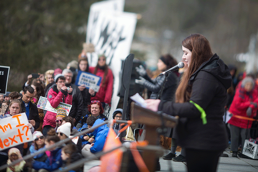 JSC early college student Olivia Horton speaking at March for Our Lives in Montpelier