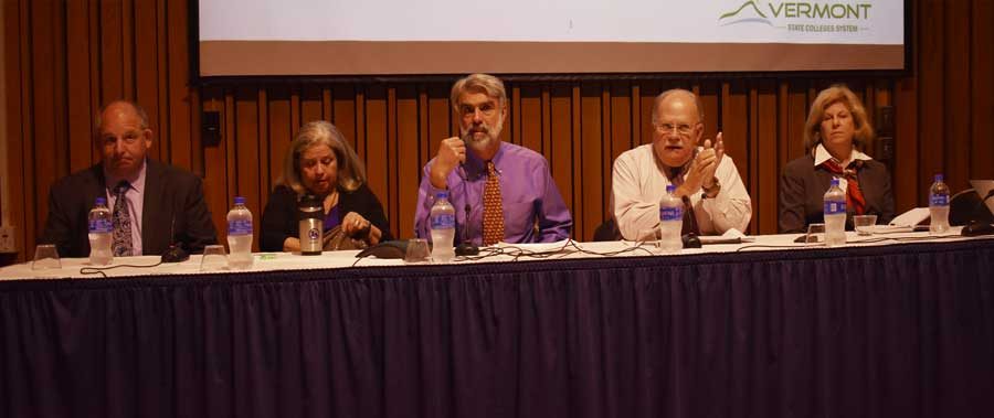 From left to right: David Silverman, Karen Luneau, Chancellor Jeb Spaulding, Board Chair Churchill Hindes, Lynn Dickinsen at the Sept. 13, 2019 white paper presentation meeting