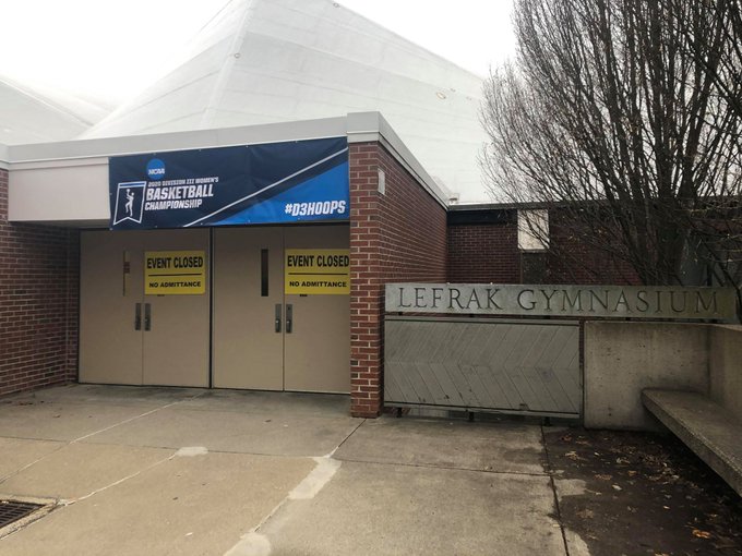 Sights from outside Amherst College gym where spectators were banned from attending regional games from the DIII womens basketball tournament.