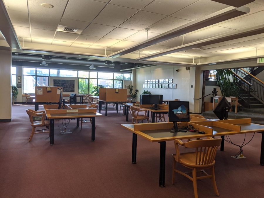 The lower lobby of Willey Library stands empty during the COVID pandemic.