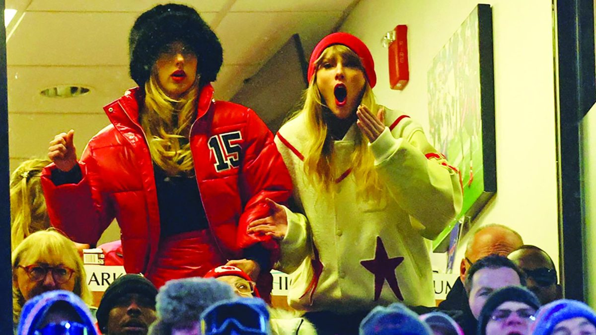 Taylor Swift (right) and Brittany Mahomes, wife of Kansas City Chiefs quarterback Patrick Mahomes, react after Swift’s boyfriend, Chiefs tight end Travis Kelce, scores a touchdown in the 2024 AFC divisional round game against the Buffalo Bills on January 21, 2024. At the time, the game was the most-watched program since last year’s Super Bowl. Swift’s game appearances led to upwards of two million additional women tuning in to Chiefs games at the end of the season, according to Nielsen Media Research.